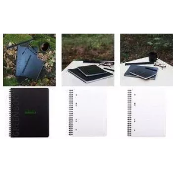 Bloco universitário RHODIA GREENBOOK, DIN A5+, pautado, capa preta reciclada, 80 folhas, 4 furos, microperfurado 119915C