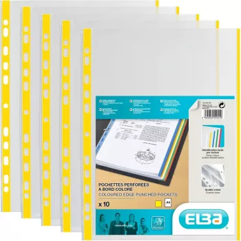 Capas de documentos ELBA DIN A4 com bordo colorido, PP, amarelo, 0,09 mm, cristalino, abertura superior, furação europeia, pack de 100 (971619-08)