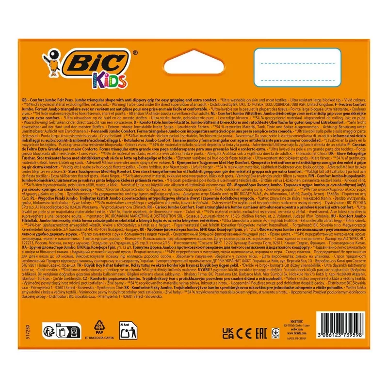 Marcadores BIC KIDS Comfort Jumbo, várias cores, pack de 12, ponta 1,4 mm, laváveis 517250