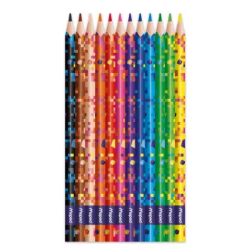 Lápis de cor triangulares Maped PIXEL PARTY, 12 cores diferentes, mina macia resistente à quebra, corpo com padrão pixel, estojo de cartão 862204