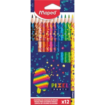 Lápis de cor triangulares Maped PIXEL PARTY, 12 cores diferentes, mina macia resistente à quebra, corpo com padrão pixel, estojo de cartão 862204