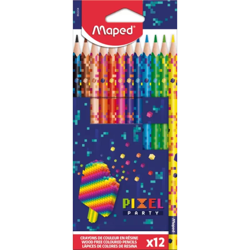 Lápis de cor triangulares Maped PIXEL PARTY, 12 cores diferentes, mina macia resistente à quebra, corpo com padrão pixel, estojo de cartão 862204