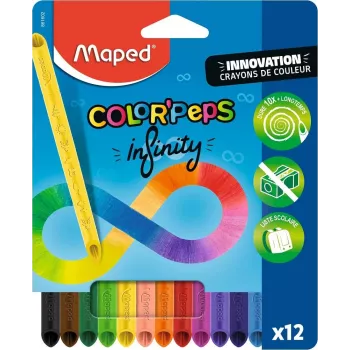 Conjunto de lápis de cor triangulares Maped COLOR'PEPS INFINITY, 12 cores diferentes, dura 10x mais, mina 100% pigmento, estojo reutilizável 861602