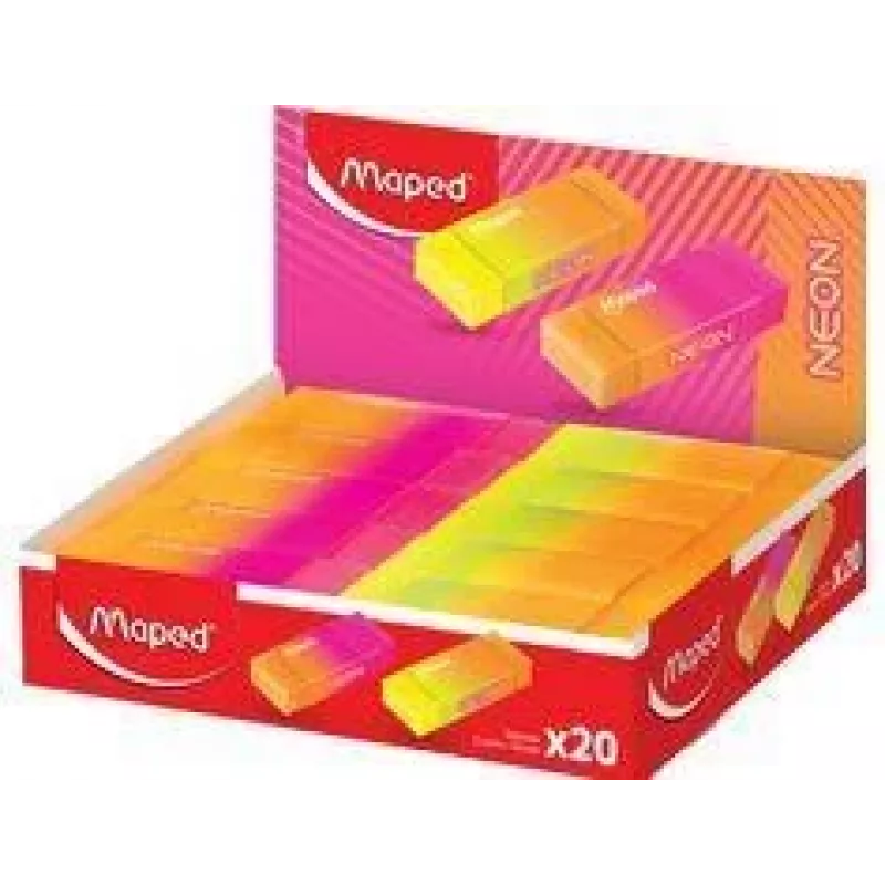 Expositor de borrachas Maped NEON de plástico, 20 unidades, laranja néon e rosa néon, com pouco pó, sem ftalatos, sem PVC 121901