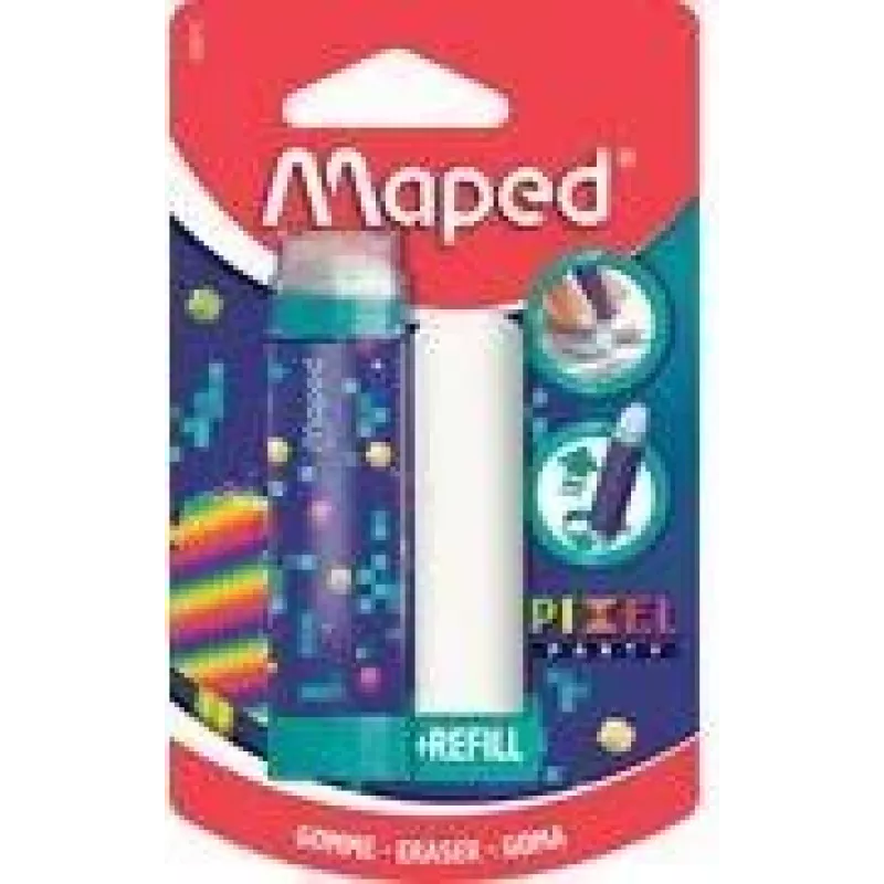 Borracha Maped Pixel Party com recarga, formato batom, embalagem blister 152015