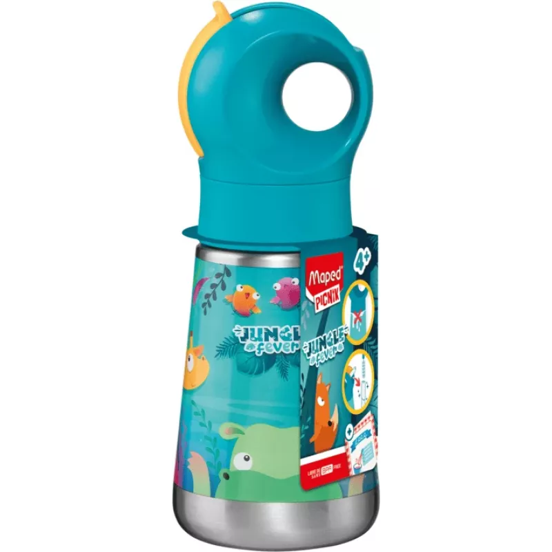 Garrafa térmica Maped PICNIK Jungle Fever, 350 ml em aço inoxidável turquesa com palhinha