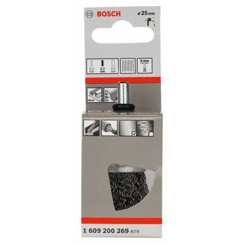 Escova de aço de haste Bosch 1 609 200 269, aço ondulado, 25 mm, haste de 6 mm