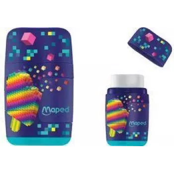 Borracha e afia-lápis combinados Maped Pixel Party, dois furos, depósito de aparas transparente, várias cores 049223