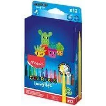 2 marcadores Maped COLOR'PEPS Long Life, 12 cores diferentes, ponta redonda média 1,5 mm, tampa de segurança ventilada, tinta lavável, estojo de cartão 844006