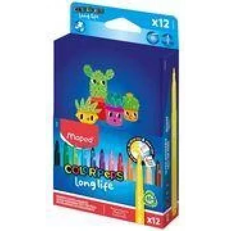 2 marcadores Maped COLOR'PEPS Long Life, 12 cores diferentes, ponta redonda média 1,5 mm, tampa de segurança ventilada, tinta lavável, estojo de cartão 844006