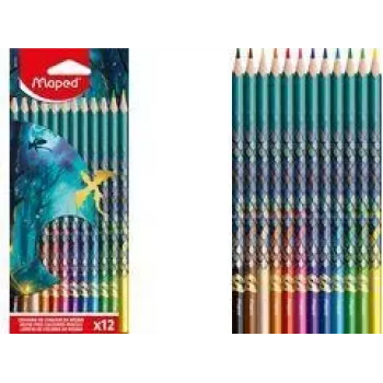 Lápis de cor triangulares Maped DRAGON, 12 cores diferentes, mina macia resistente à quebra, estojo de cartão com motivo de dragão 862234