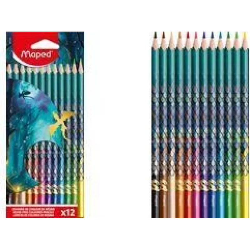 Lápis de cor triangulares Maped DRAGON, 12 cores diferentes, mina macia resistente à quebra, estojo de cartão com motivo de dragão 862234