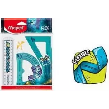 Conjunto de geometria Maped Twist'n Flex Dragon, 3 peças, plástico flexível, inquebrável, régua 15 cm, transferidor 180°, esquadro 45°/45°/90° 981898