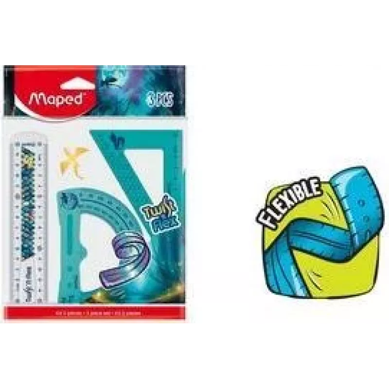 Conjunto de geometria Maped Twist'n Flex Dragon, 3 peças, plástico flexível, inquebrável, régua 15 cm, transferidor 180°, esquadro 45°/45°/90° 981898
