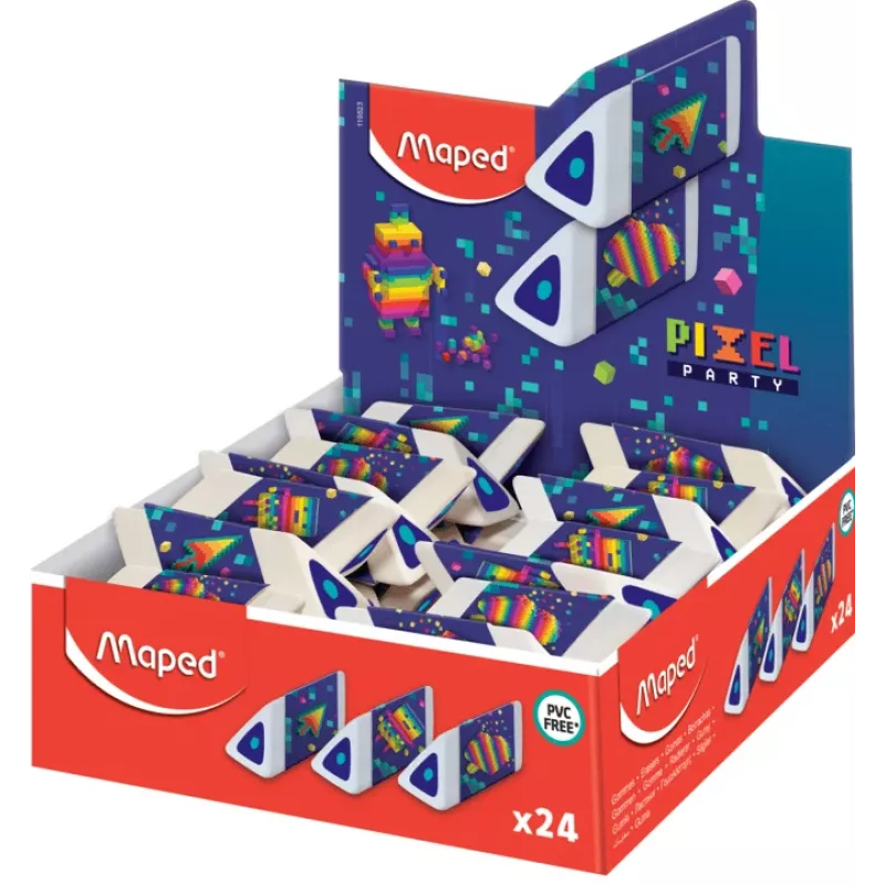 Borracha de plástico Maped Pyramide PIXEL PARTY, branco, sem ftalatos e sem PVC, secção triangular, caixa expositora de 24 119523