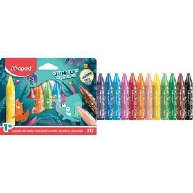 Lápis de cera triangulares jumbo Maped Jungle Fever, 12 cores diferentes, motivos de animais, estojo de cartão, a partir de 1 ano