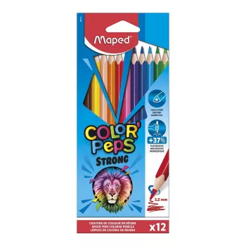 Lápis de cor triangulares Maped COLOR'PEPS STRONG, 12 cores diferentes, mina resistente à quebra de 3,2 mm, estojo de cartão 862712