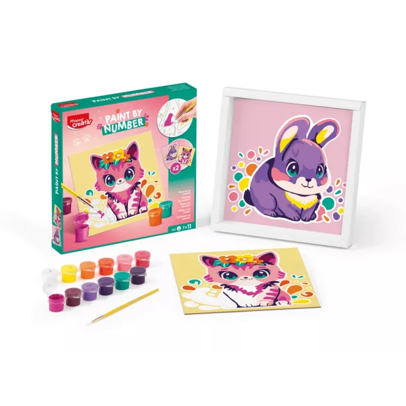 Conjunto de pintura por números Maped Creativ gato e coelho - 2 placas pré-impressas, tintas acrílicas, pincel, a partir de 7 anos 907083