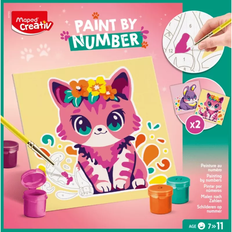 Conjunto de pintura por números Maped Creativ gato e coelho - 2 placas pré-impressas, tintas acrílicas, pincel, a partir de 7 anos 907083