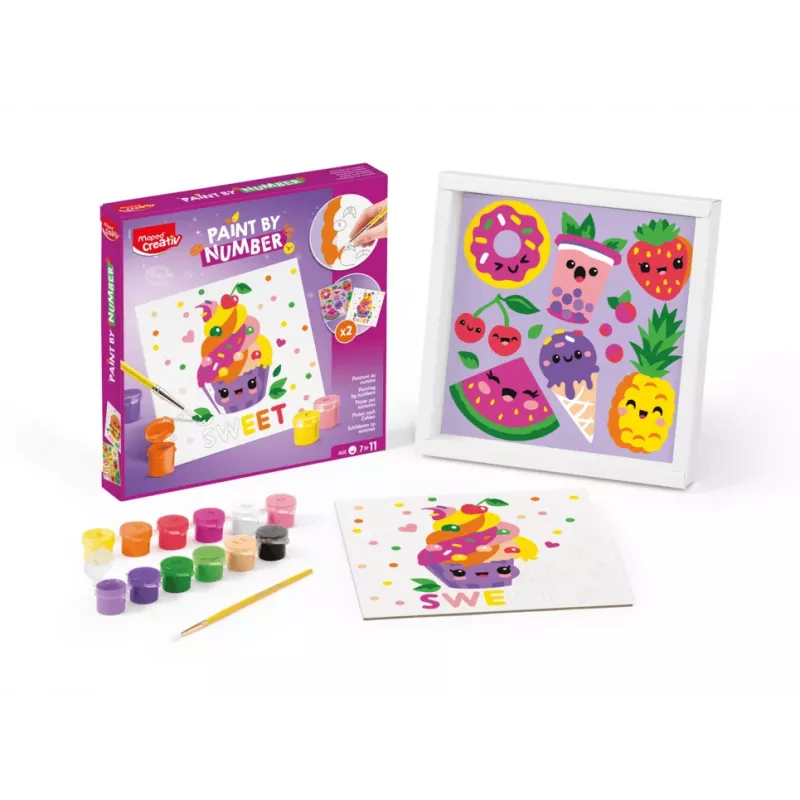 Conjunto de pintura por números Maped Creativ Kawaii Food Sweet - 2 telas pré-impressas, 10 tintas acrílicas, pincel, a partir de 7 anos 907088