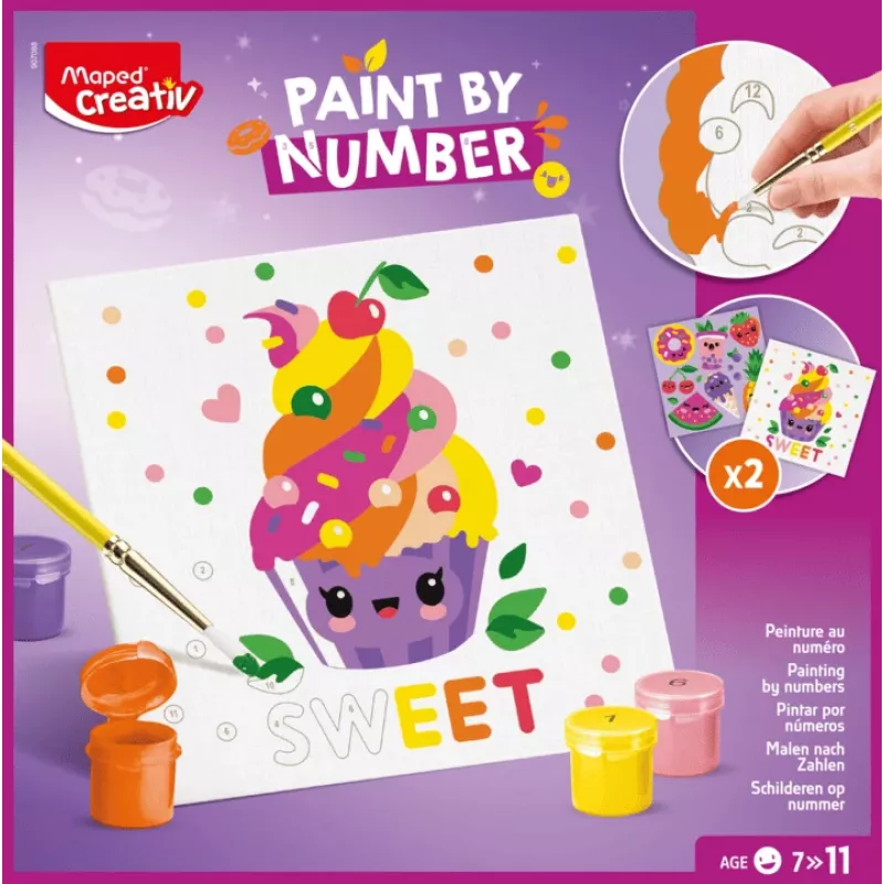 Conjunto de pintura por números Maped Creativ Kawaii Food Sweet - 2 telas pré-impressas, 10 tintas acrílicas, pincel, a partir de 7 anos 907088