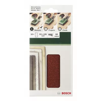 Pack de 10 lixas de velcro Bosch 2609256A90 185 mm x 93 mm, grão 120, perfuradas