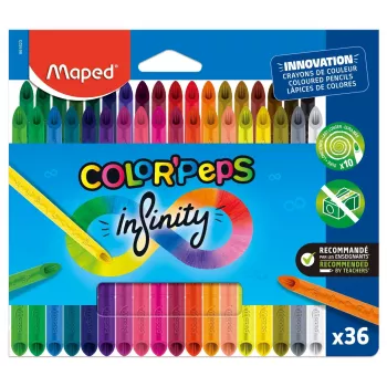 Maped COLOR'PEPS INFINITY Lápis de Cor Triangulares, 36 cores diferentes, sem madeira, 100% núcleo de pigmento, 10x mais duradouros, estojo ergonómico 861623