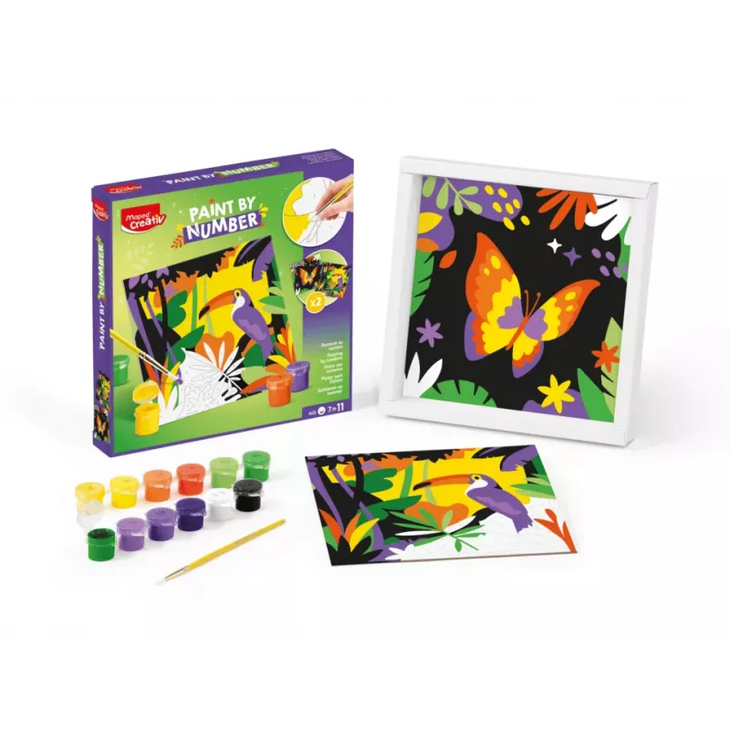 Conjunto Maped Creativ pintar por números - papagaio e borboleta, 2 motivos, 10 tintas acrílicas, a partir dos 7 anos 907085