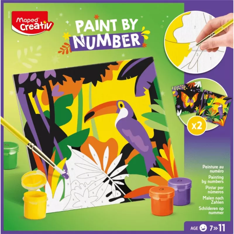 Conjunto Maped Creativ pintar por números - papagaio e borboleta, 2 motivos, 10 tintas acrílicas, a partir dos 7 anos 907085