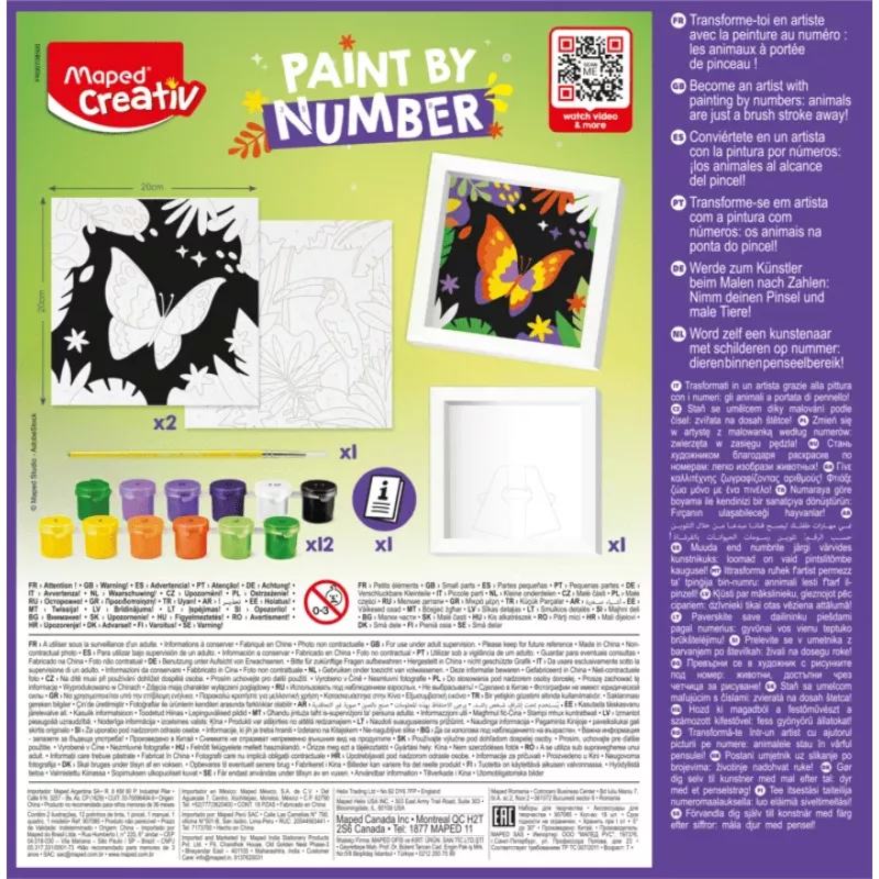 Conjunto Maped Creativ pintar por números - papagaio e borboleta, 2 motivos, 10 tintas acrílicas, a partir dos 7 anos 907085
