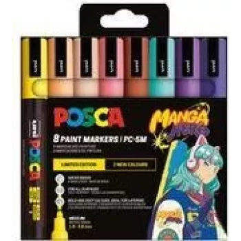 Conjunto de marcadores pigmentados POSCA PC-5M, 8 cores, Manga Hero, ponta redonda média, resistente à água, resistente à luz, inodoro PC5M/8APF ASS74