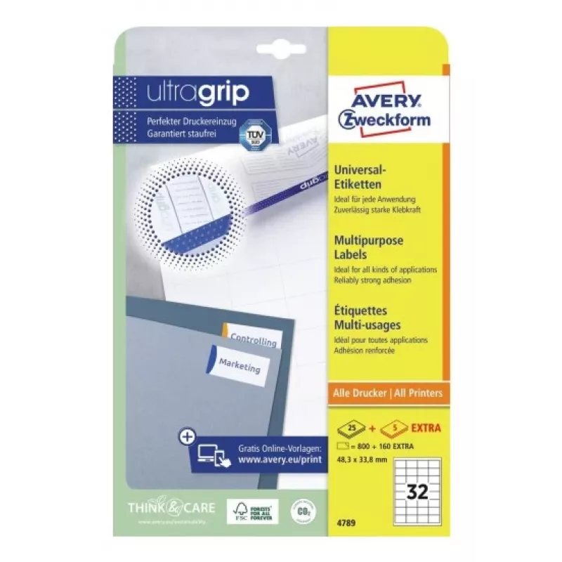 AVERY etiquetas universais 48,3 x 33,8 mm brancas com tecnologia UltraGrip (pack de 480) 4789