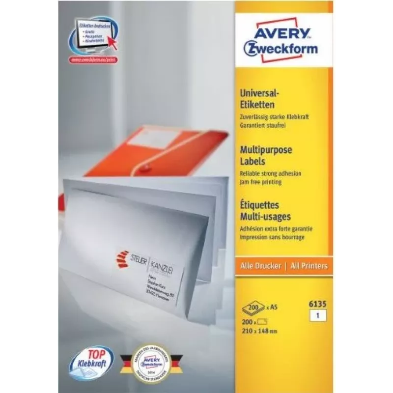 Avery 6135 etiquetas de papel branco adesivas permanentes A4 210 x 148 mm 200 etiquetas