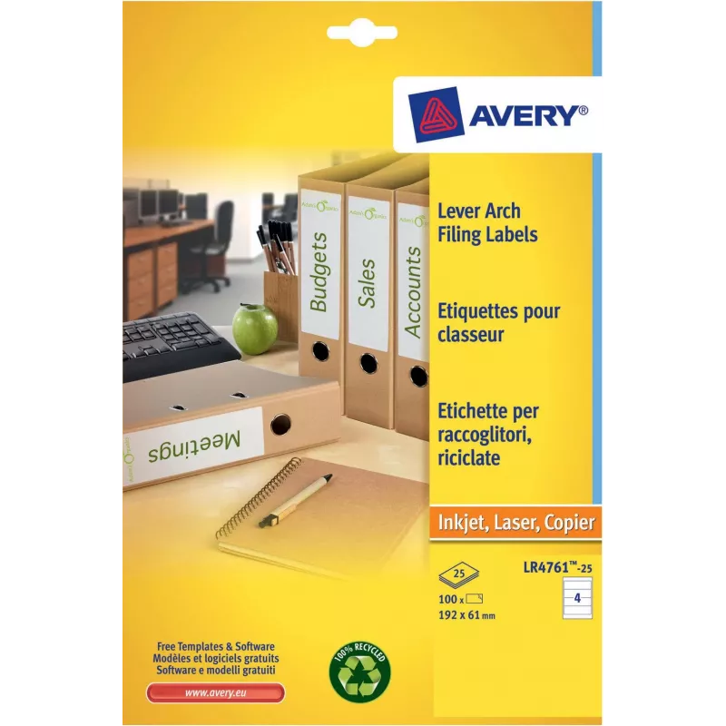 Avery LR4761-25 etiquetas de arquivo brancas 61 x 192 mm 100 etiquetas (25 folhas x 4)
