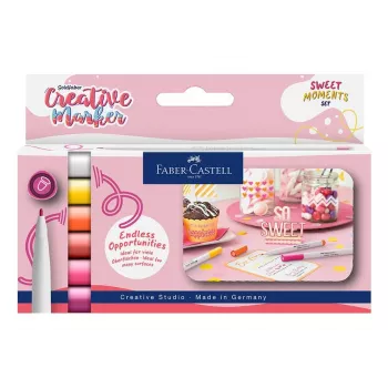 Faber-Castell Goldfaber Creative Marker Set, 6 cores, Sweet Moments, tinta à base de água, inodoro, resistente a borrões, ponta dupla pincel e ponta redonda, estojo reutilizável 160602