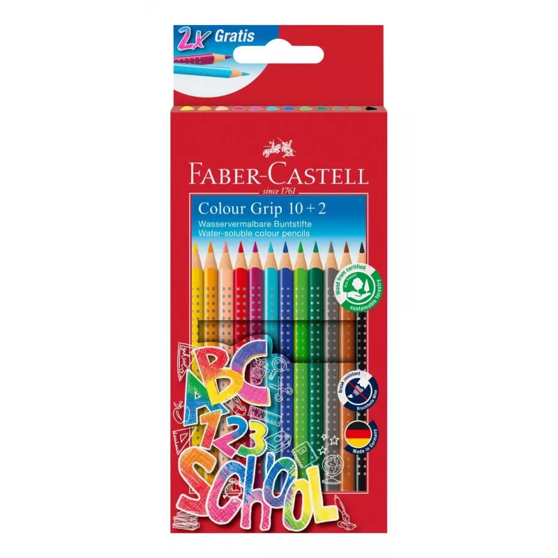 Faber-Castell Colour GRIP Lápis de cor triangulares, cores sortidas, 10 unid., zona Soft-Grip, mina de 3,3 mm resistente à quebra, verniz à base de água, estojo promocional 201585