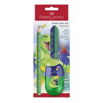 Faber-Castell Dino Jumbo Conjunto de escrita, verde, 3 canetas, mina de 3 mm, ergonómico triangular, resistente à quebra, a partir dos 3 anos 111529