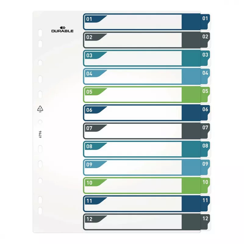 DURABLE 679627 Separadores A4+ polipropileno lisos, multicolor, vertical, 0,27 mm, perfuração universal de 11 furos