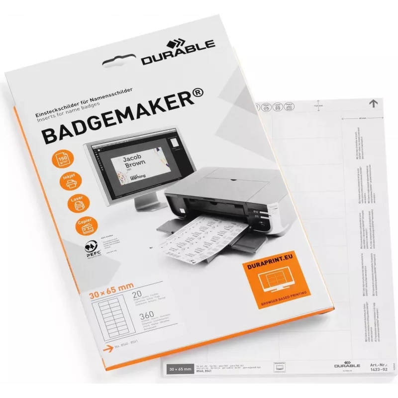 DURABLE BADGEMAKER Etiquetas de inserção 30 x 65 mm, branco, 100 inserções (20 folhas com 5 cada) 142302