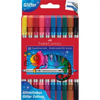Marcadores de fibra de ponta dupla com glitter FABER-CASTELL, 10 cores diferentes, laváveis, pontas de 3-5 mm e 1 mm 151107