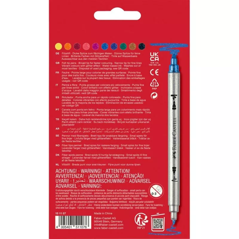 Marcadores de fibra de ponta dupla com glitter FABER-CASTELL, 10 cores diferentes, laváveis, pontas de 3-5 mm e 1 mm 151107