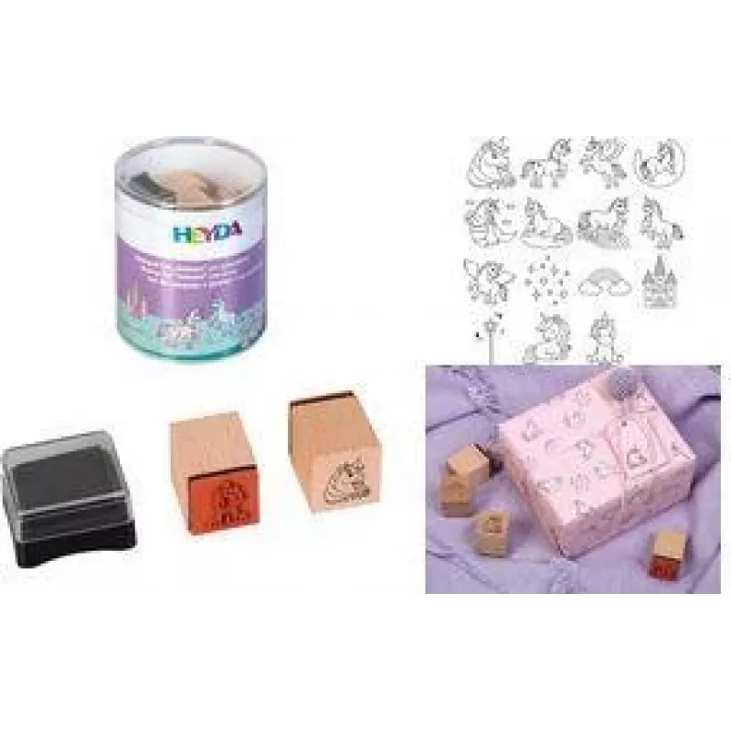 Conjunto de carimbos motivo unicórnio HEYDA, 15 carimbos transparentes em lata redonda 204888439