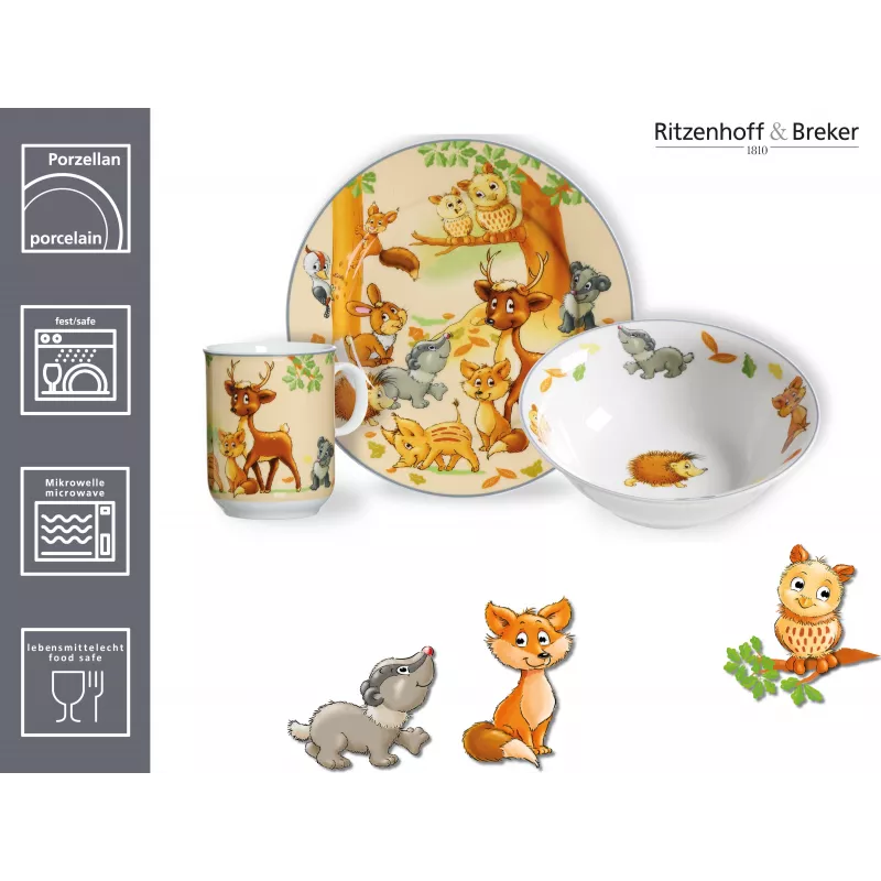 Conjunto de louça infantil Ritzenhoff & Breker animais da floresta, 3 peças (422412)
