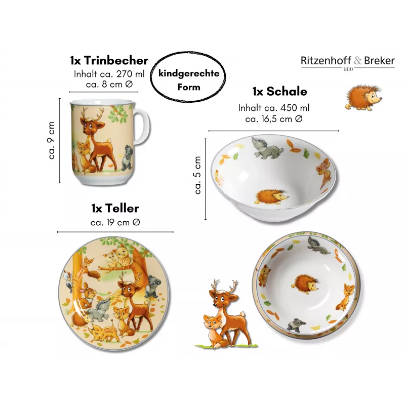 Conjunto de louça infantil Ritzenhoff & Breker animais da floresta, 3 peças (422412)
