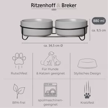 Conjunto de comedouros duplos para cães Ritzenhoff & Breker TARO, 880 ml, grés cinzento com suporte de metal preto 450521
