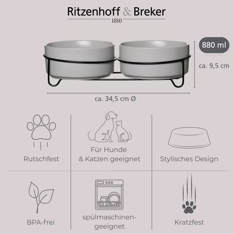 Conjunto de comedouros duplos para cães Ritzenhoff & Breker TARO, 880 ml, grés cinzento com suporte de metal preto 450521