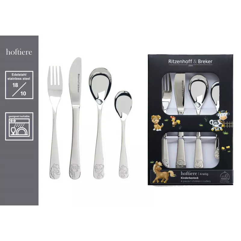 Ritzenhoff & Breker conjunto de talheres para criança HOFTIERE, 4 peças, aço inoxidável com motivos de animais da quinta 819144