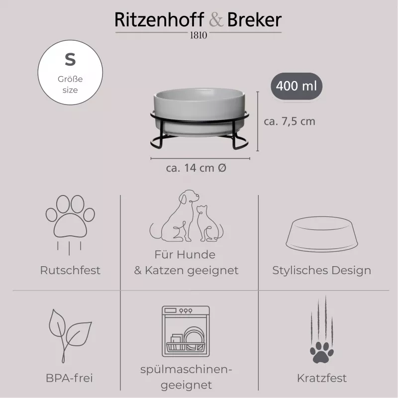 Ritzenhoff & Breker TARO conjunto de tigelas para animais de estimação, 400 ml, tigela de grés cerâmica cinzenta para gatos e cães pequenos, água e comida, 1 unid. (450514)