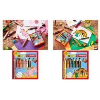 STABILO woody 3 em 1 lápis multitalento, conjunto de 6 com estojo redondo Tiger, lápis de cor, aguarela e lápis de cera num só EO8806-4-2