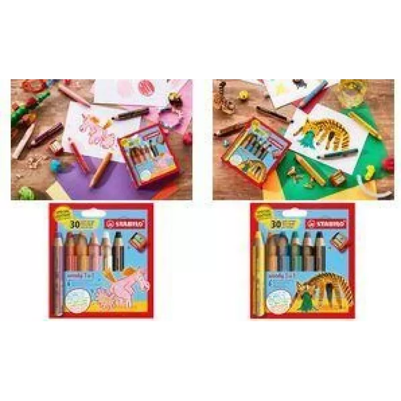 STABILO woody 3 em 1 lápis multitalento, conjunto de 6 com estojo redondo Tiger, lápis de cor, aguarela e lápis de cera num só EO8806-4-2